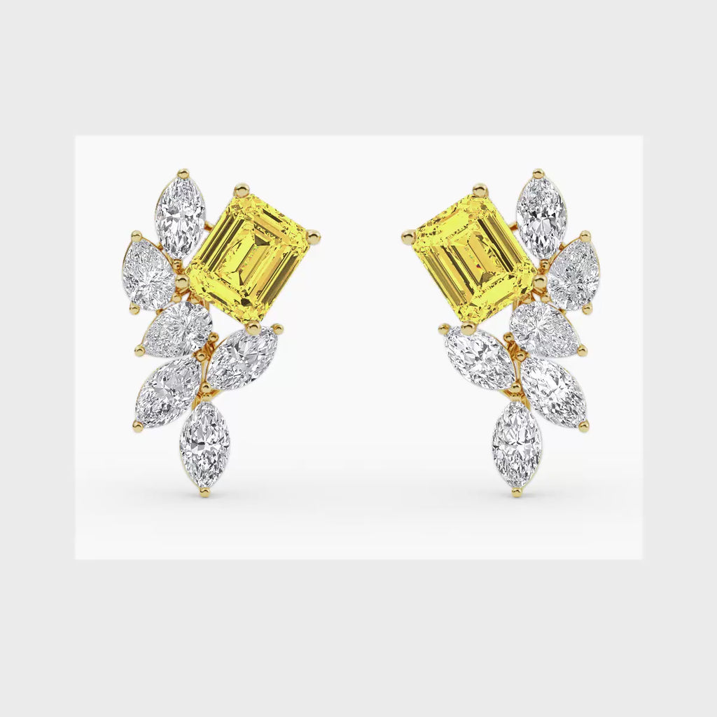 13.86ct Emerald cut Yellow Lab Grown Diamond Floral Exceptional Earrings