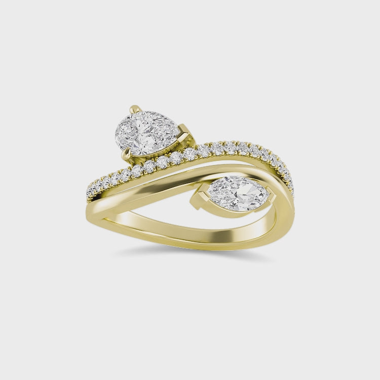 1.00ct Toi Et Moi Pear and Marquise Lab Grown Diamond Pave and Plain Wave Ring