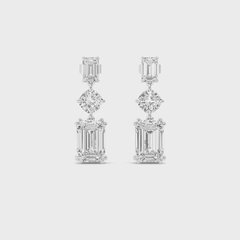 15.00ct Emerald and Cushion cut Lab Grown Diamond Exceptional Trilogy Earrings