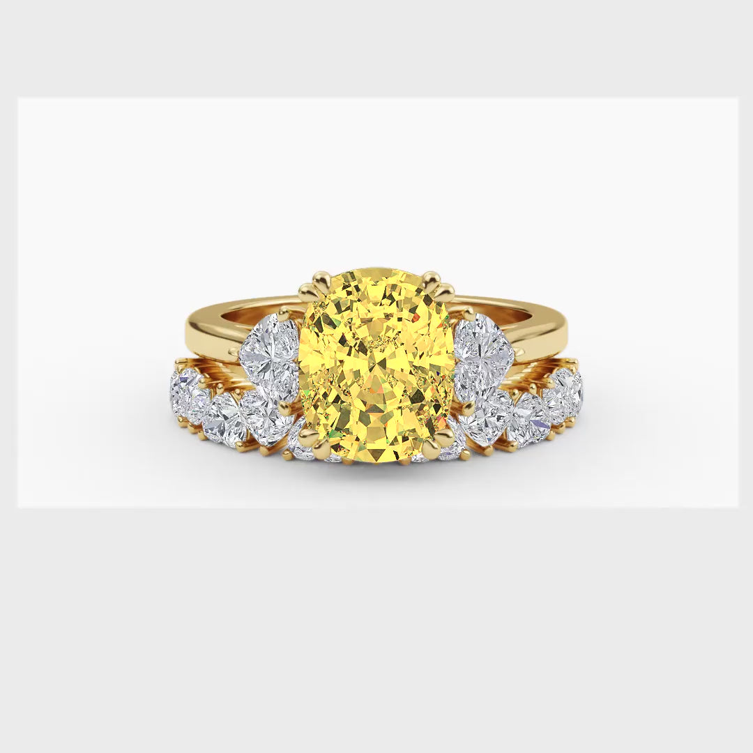 4.70ctw Yellow Cushion and Heart cut Lab Grown Diamond Exceptional Trilogy Engagement and Wedding Ring Set