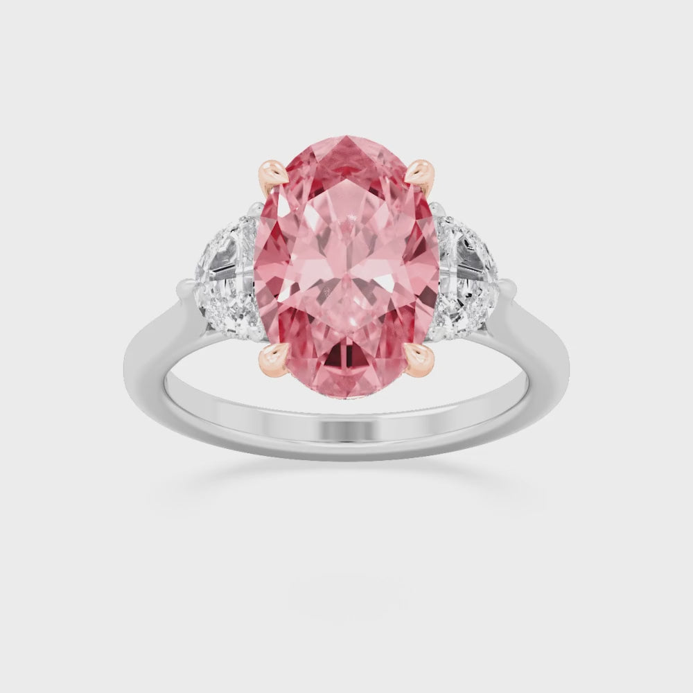 4.77ctw Pink Oval Lab Grown Diamond and Half Moon cut Exceptional Trilogy Engagement Ring