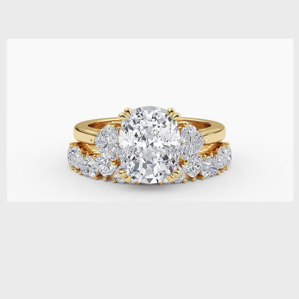 4.70ctw Cushion and Heart cut Lab Grown Diamond Exceptional Trilogy Engagement and Wedding Ring Set