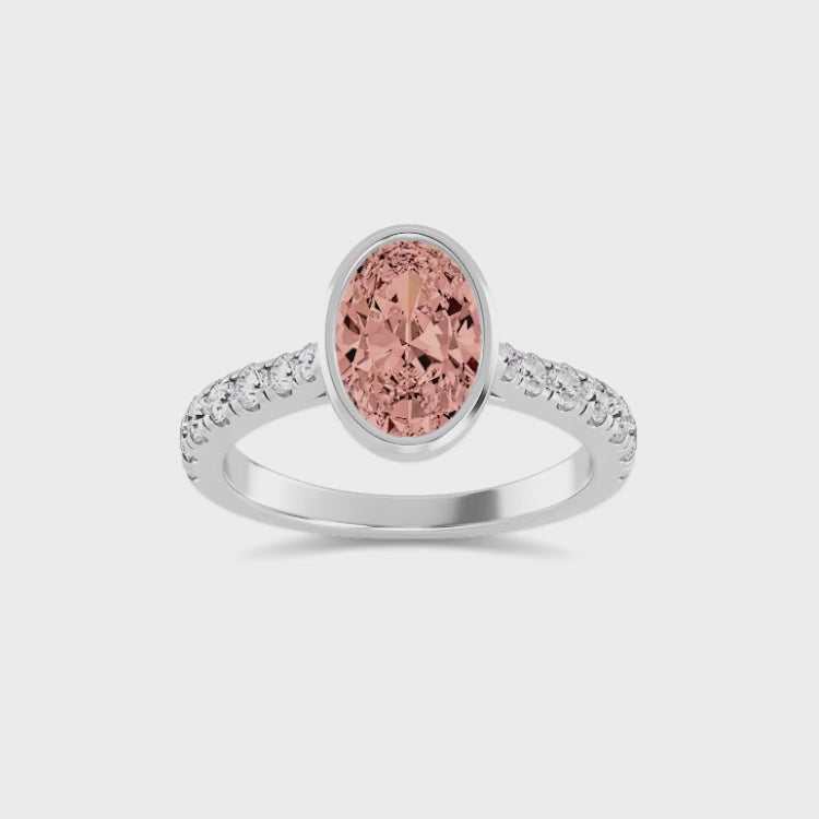 2.18ct Oval cut Pink Lab Grown Diamond Solitaire Bezel Diamond Band Engagement Ring
