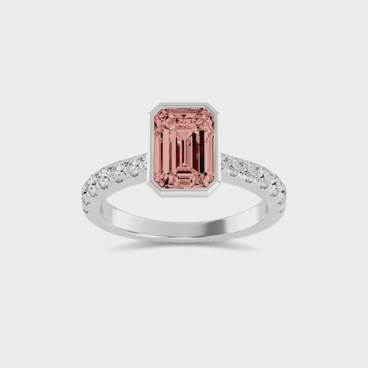 2.50ct Emerald cut Pink Lab Grown Diamond Solitaire Bezel Diamond Band Engagement Ring