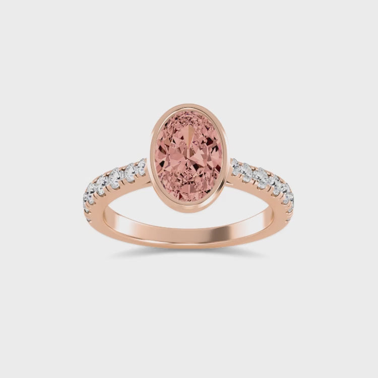 2.18ct Oval cut Pink Lab Grown Diamond Solitaire Bezel Diamond Band Engagement Ring