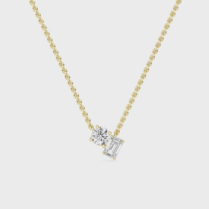 0.91ctw Emerald and Round Lab Grown Diamond Toi et Moi Necklace