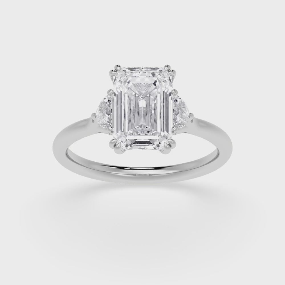 3.22ctw Emerald and Half Moon cut Lab Grown Diamond Trilogy Engagement Ring