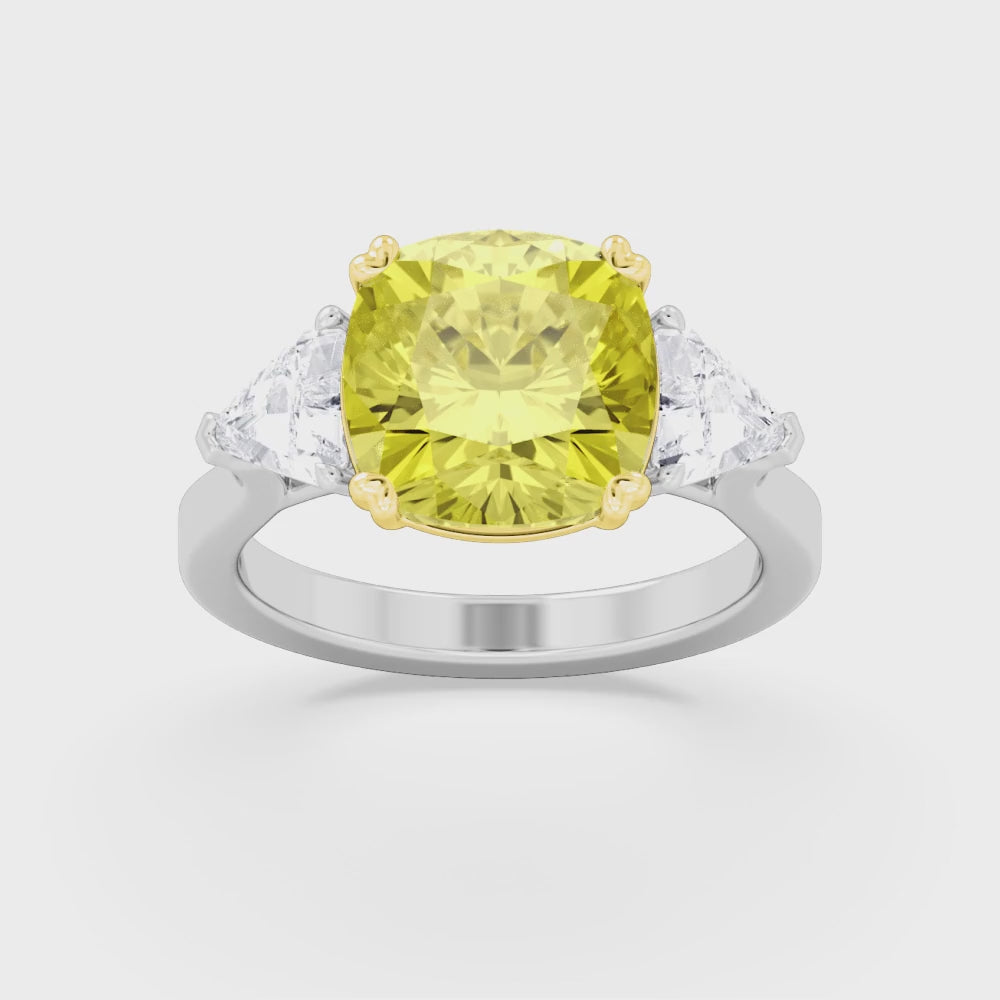 8.11ctw Yellow Cushion and Trillion cut Lab Grown Diamond Exceptional Trilogy Engagement Ring