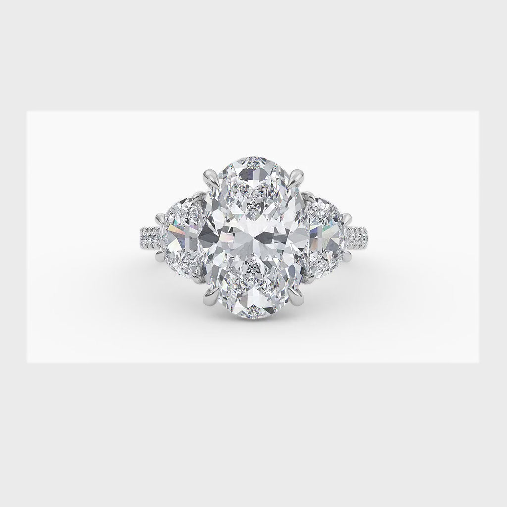 9.46ctw Oval and Half Moon cut Lab Grown Diamond Exceptional Trilogy Engagement Ring
