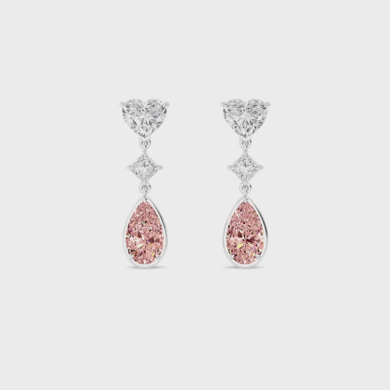 10.36ct Heart Princess and Pink Pear cut Lab Grown Diamond Exceptional Trilogy Earrings