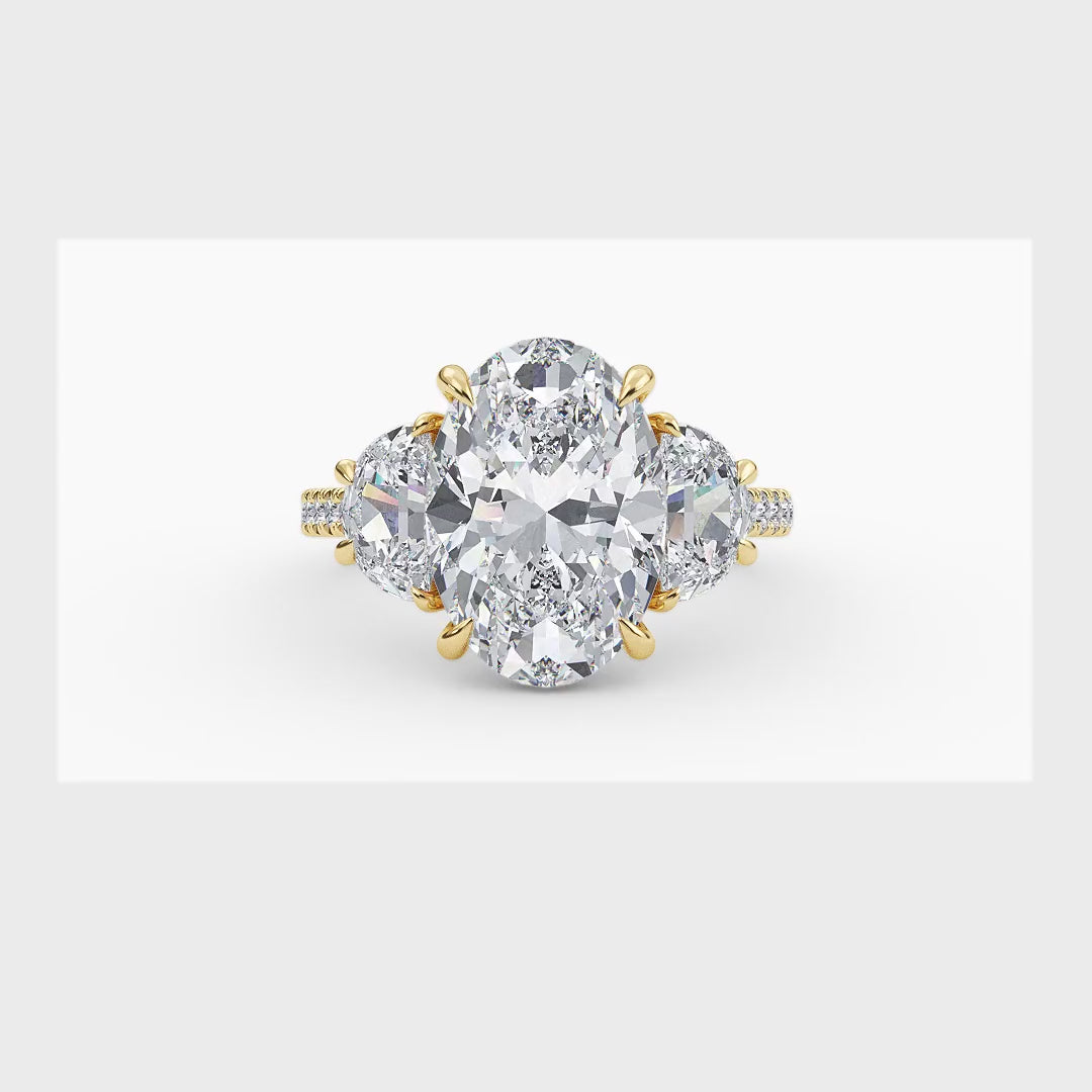 9.46ctw Oval and Half Moon cut Lab Grown Diamond Exceptional Trilogy Engagement Ring