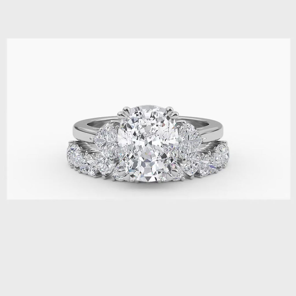 4.70ctw Cushion and Heart cut Lab Grown Diamond Exceptional Trilogy Engagement and Wedding Ring Set