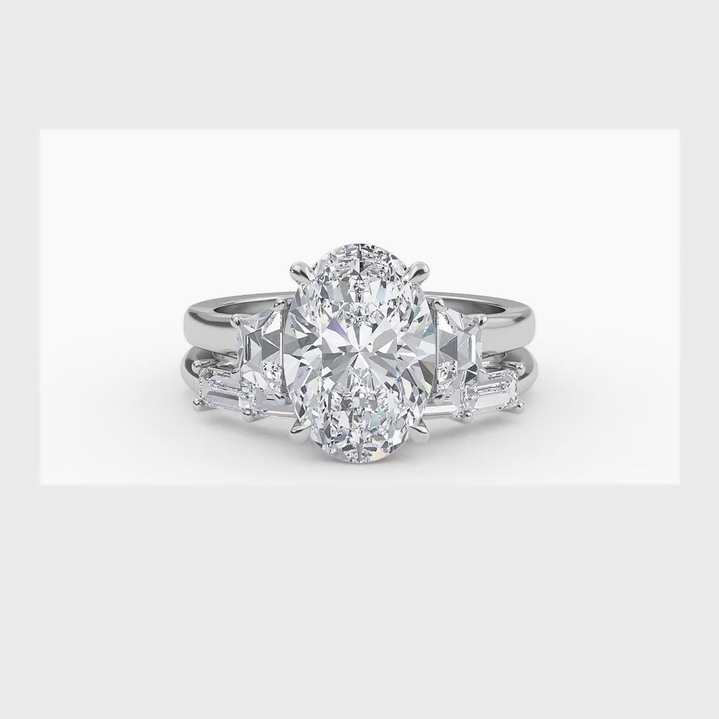 4.86ctw Oval and Trapezoid cut Lab Grown Diamond Exceptional Trilogy Engagement and Baguette Wedding Ring Set