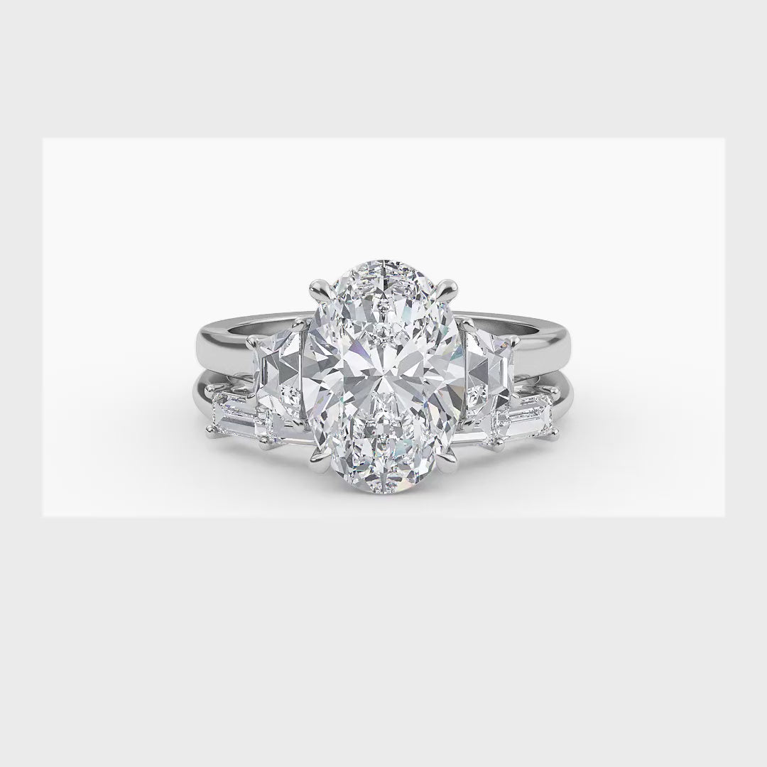 4.86ctw Oval and Trapezoid cut Lab Grown Diamond Exceptional Trilogy Engagement and Baguette Wedding Ring Set