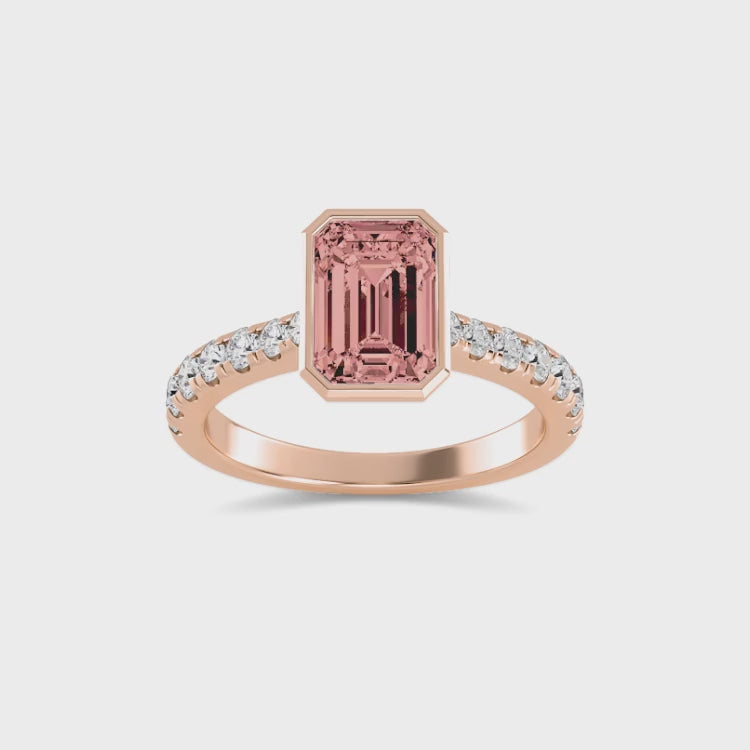 2.50ct Emerald cut Pink Lab Grown Diamond Solitaire Bezel Diamond Band Engagement Ring