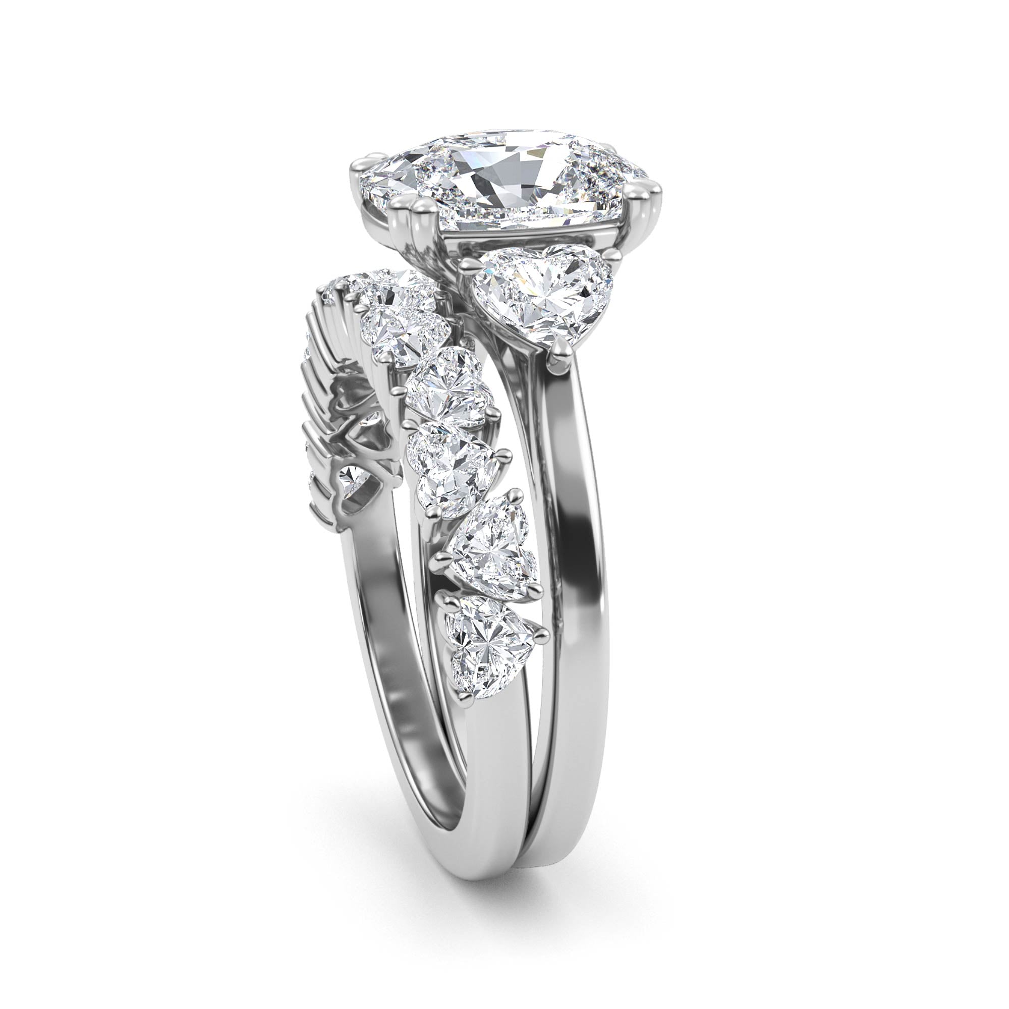 4.70ctw Cushion and Heart cut Lab Grown Diamond Exceptional Trilogy Engagement and Wedding Ring Set