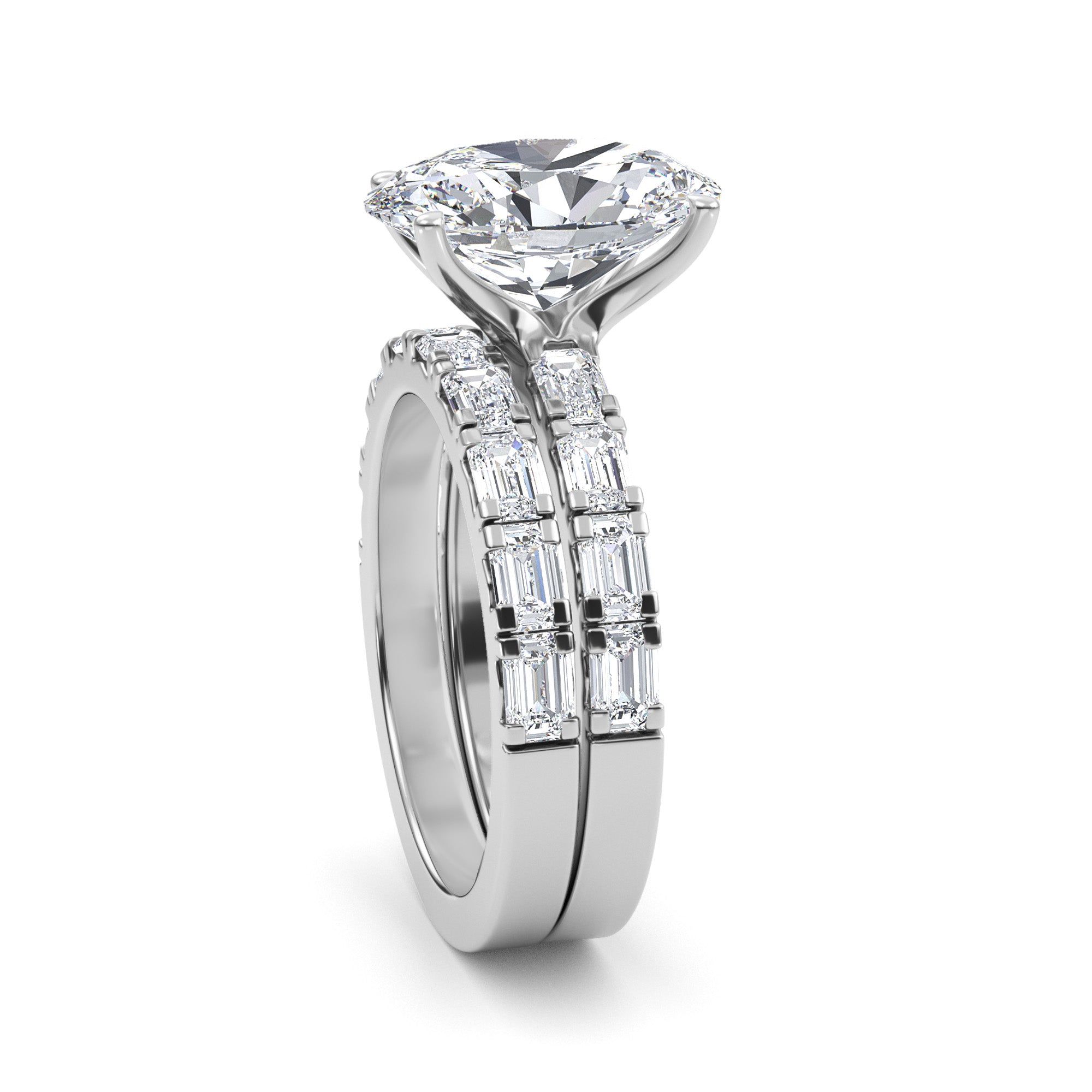 4.97ctw Oval cut Lab Grown Diamond Exceptional Engagement and Emerald cut Wedding Ring Set