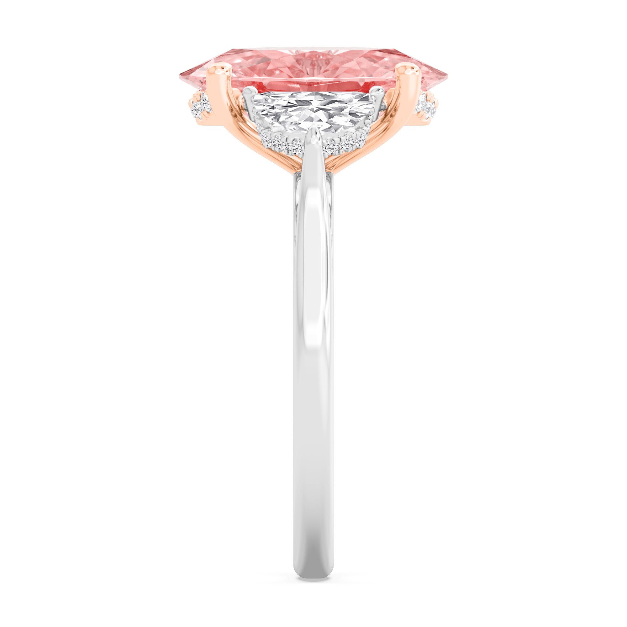 4.77ctw Pink Oval Lab Grown Diamond and Half Moon cut Exceptional Trilogy Engagement Ring