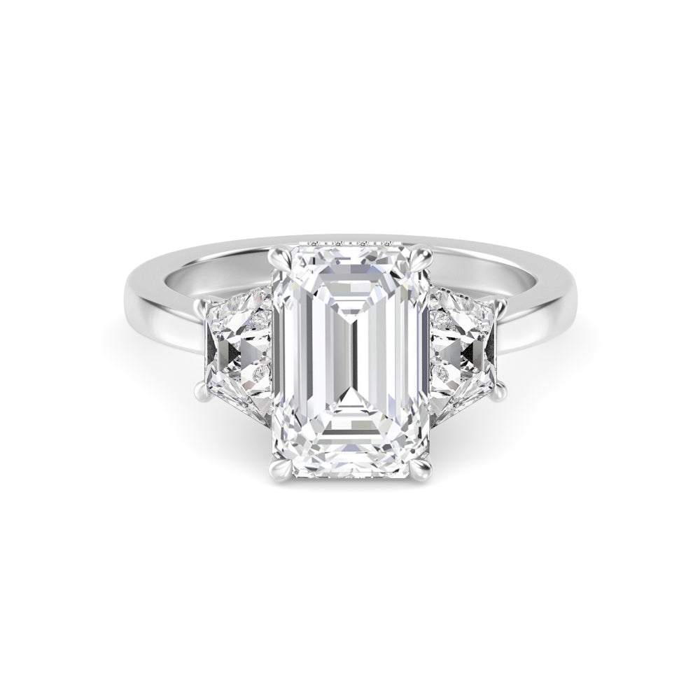 4.00ctw Emerald cut and Trapezoid Lab Grown Diamond Hidden Halo Trilogy Engagement Ring