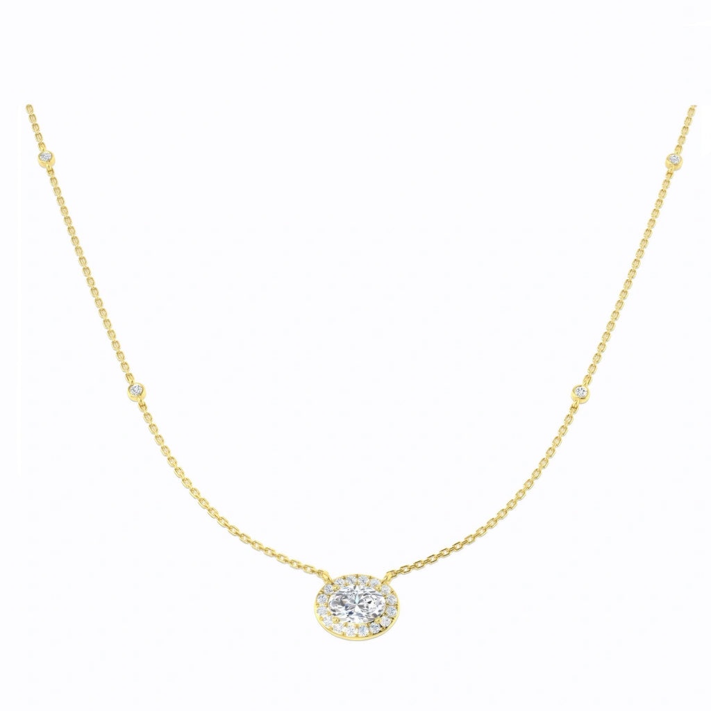 1.50ct Oval Halo Lab Grown Diamond Station Necklace in 9k Gold