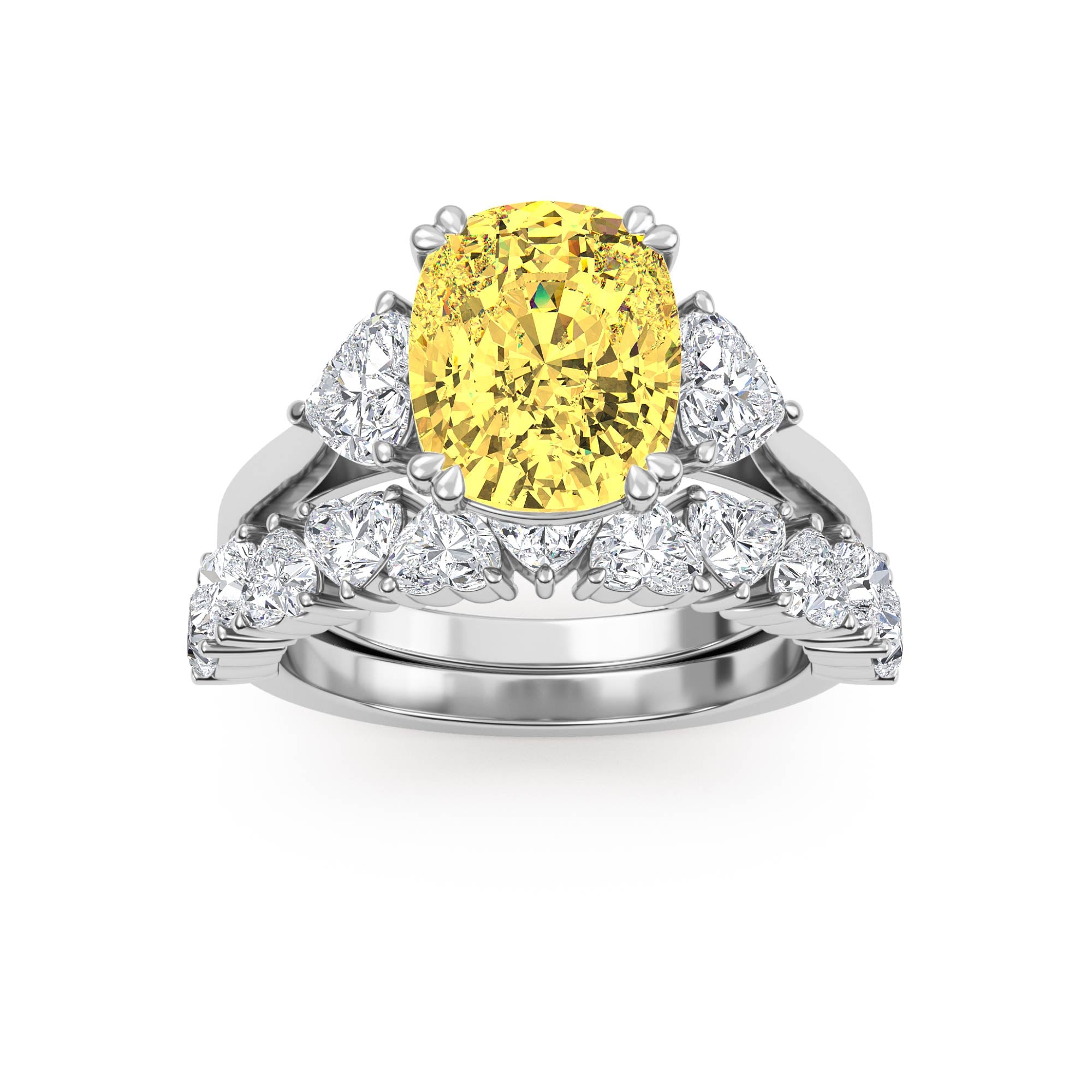 4.70ctw Yellow Cushion and Heart cut Lab Grown Diamond Exceptional Trilogy Engagement and Wedding Ring Set