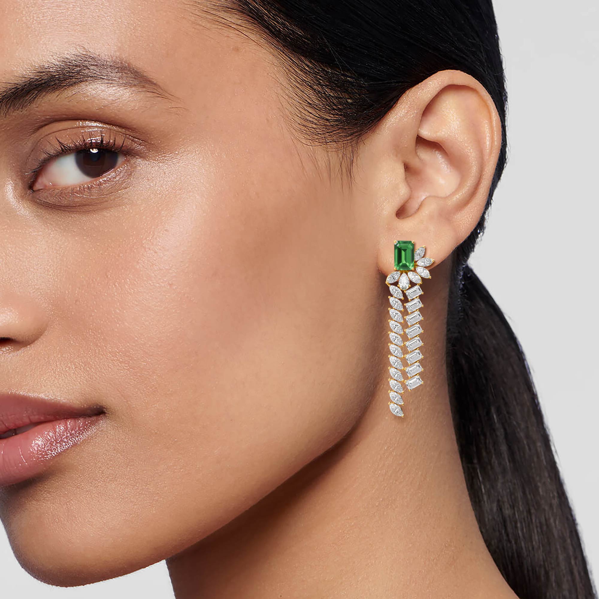 10.54ct Lab Grown Emerald and Marquise and Pear Lab Grown Diamond Exceptional Earrings