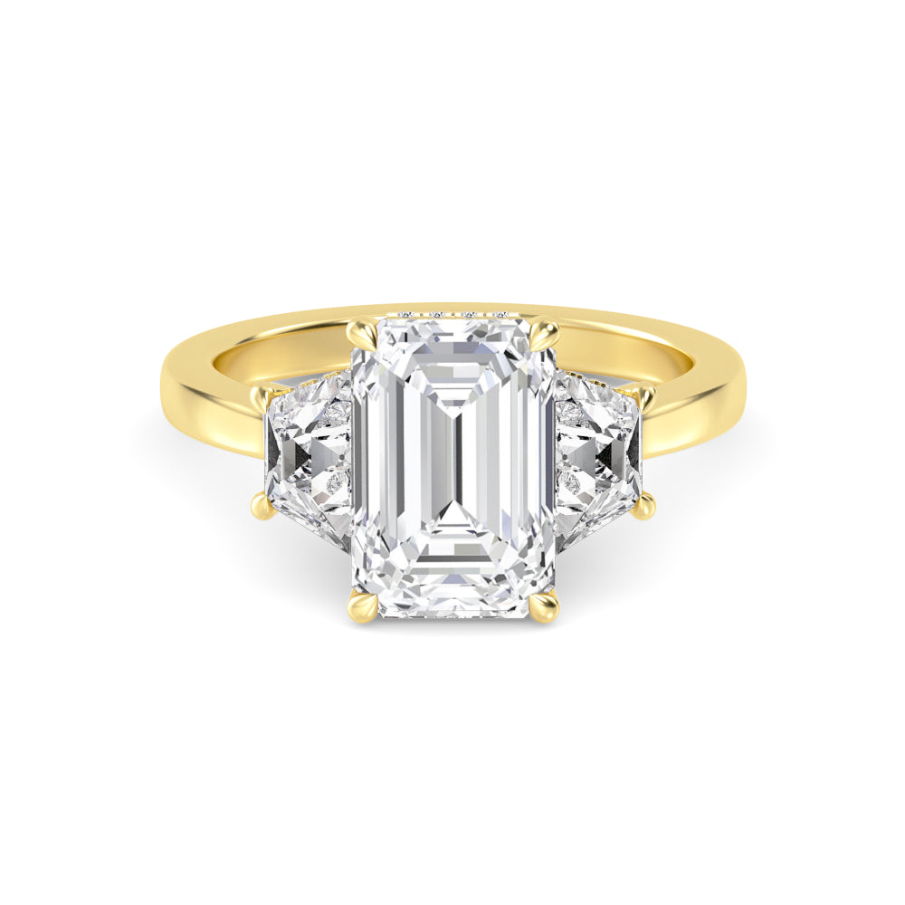 4.00ctw Emerald cut and Trapezoid Lab Grown Diamond Hidden Halo Trilogy Engagement Ring