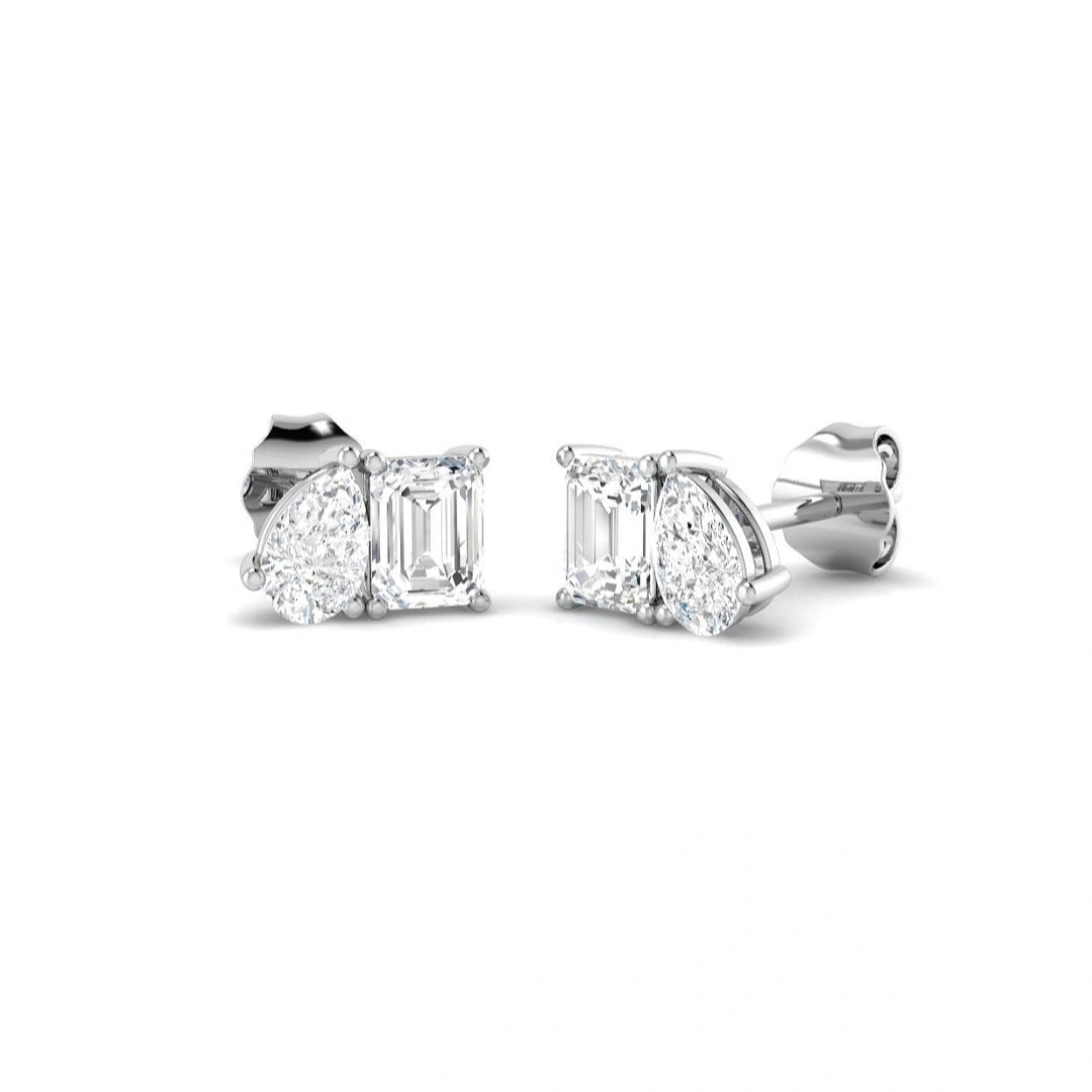 1.00ct Lab Grown Diamond Toi et Moi Emerald cut and Pear Earrings in 9k Gold