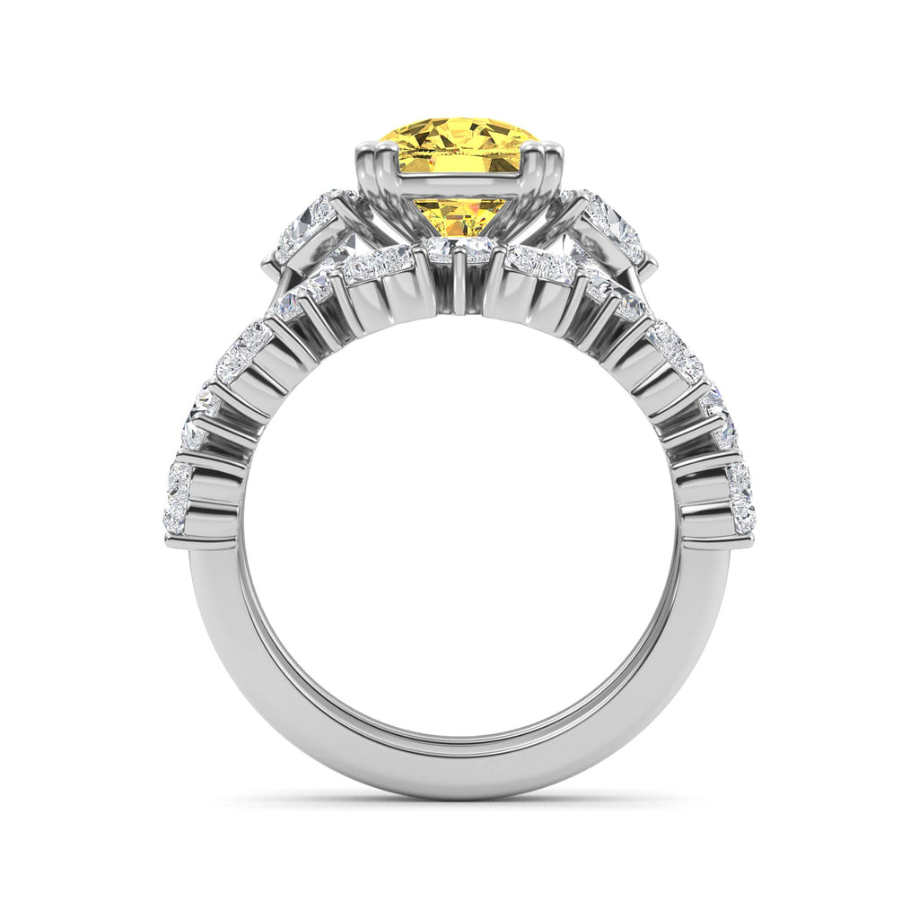 4.70ctw Yellow Cushion and Heart cut Lab Grown Diamond Exceptional Trilogy Engagement and Wedding Ring Set