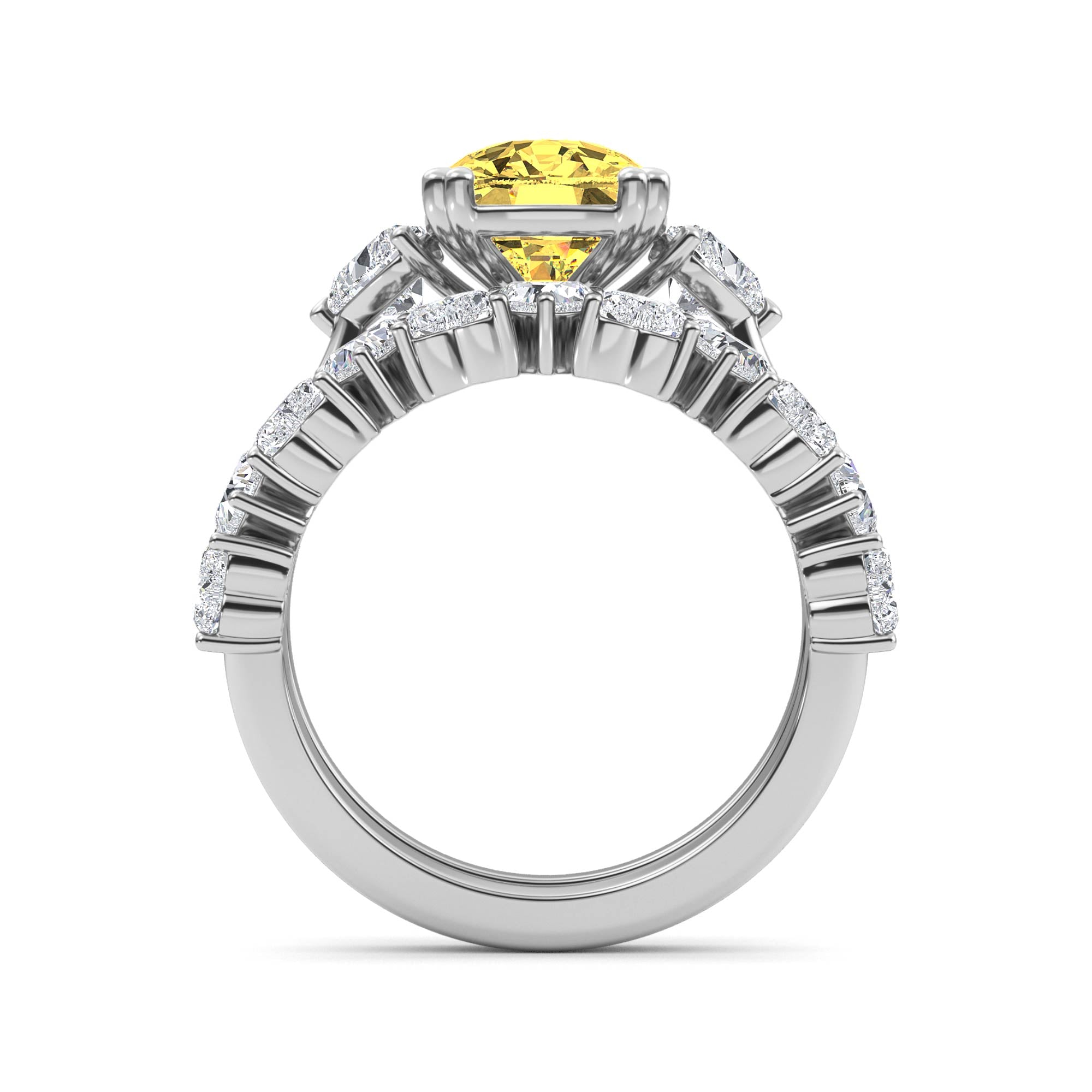 4.70ctw Yellow Cushion and Heart cut Lab Grown Diamond Exceptional Trilogy Engagement and Wedding Ring Set