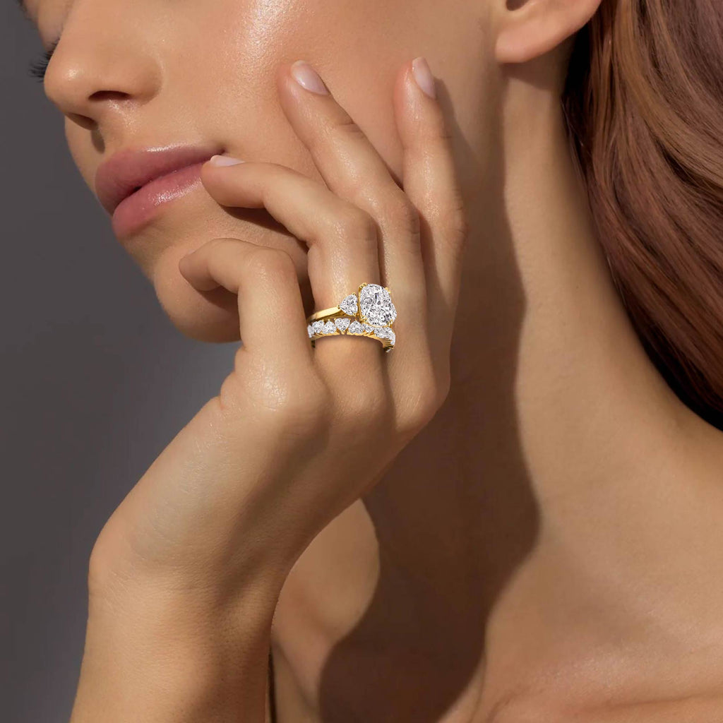 4.70ctw Cushion and Heart cut Lab Grown Diamond Exceptional Trilogy Engagement and Wedding Ring Set