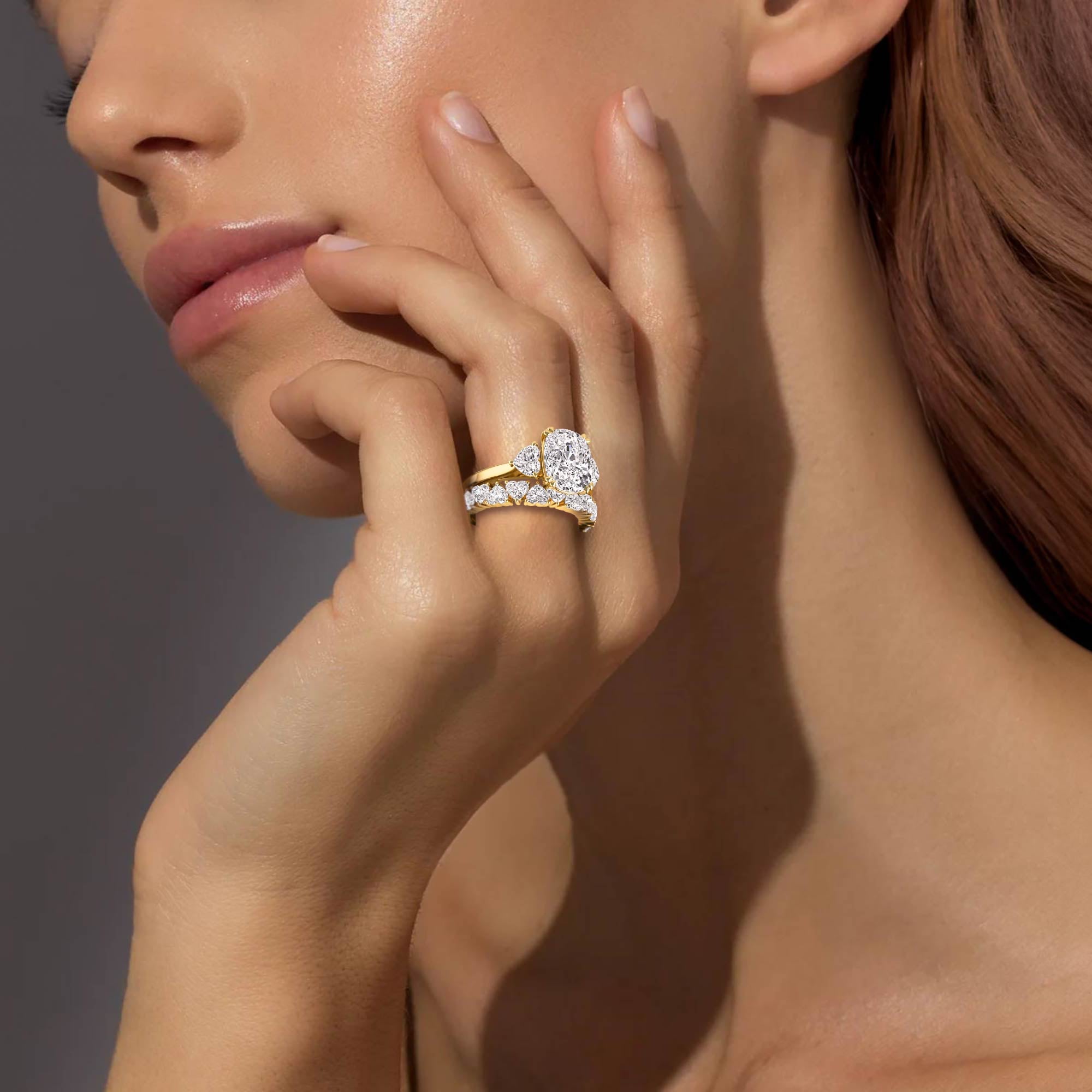 4.70ctw Cushion and Heart cut Lab Grown Diamond Exceptional Trilogy Engagement and Wedding Ring Set