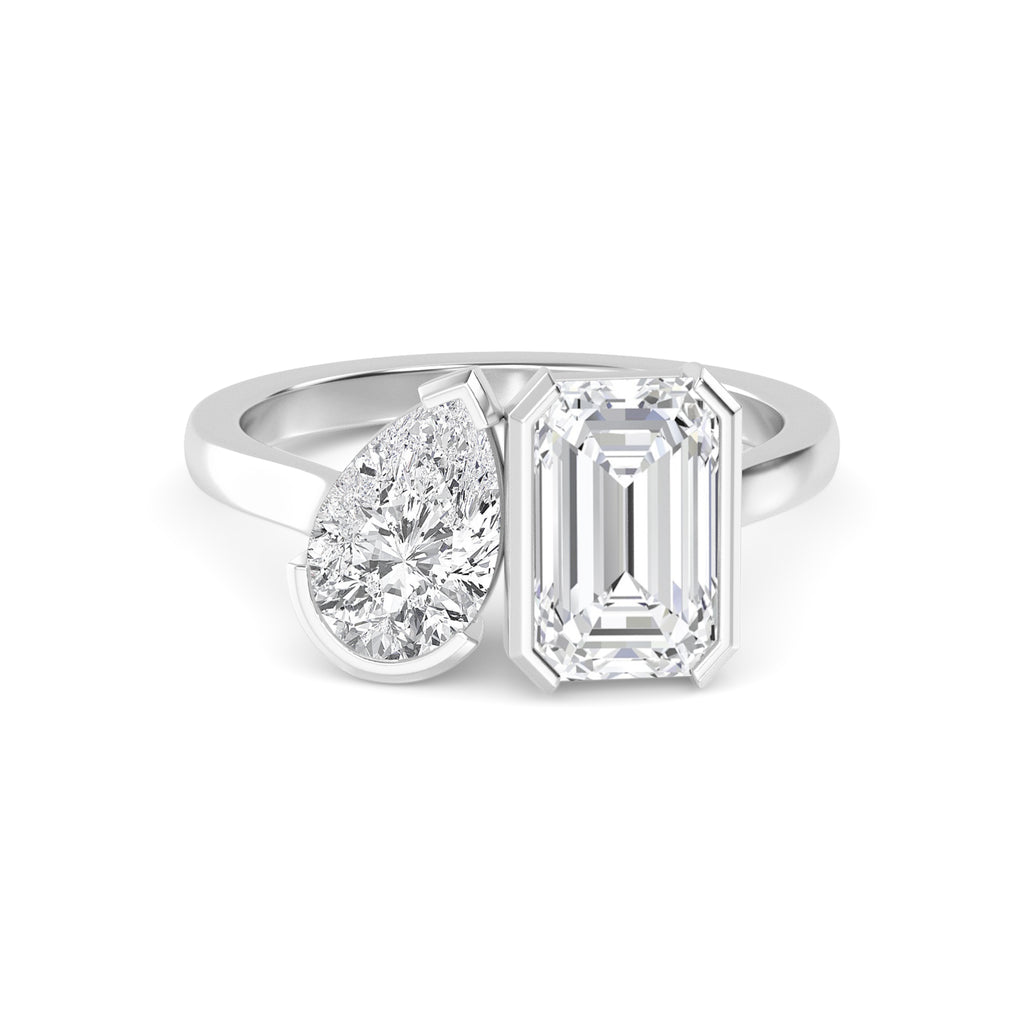 4.00ctw Emerald cut and Pear Lab Grown Diamond Toi et Moi Engagement Ring