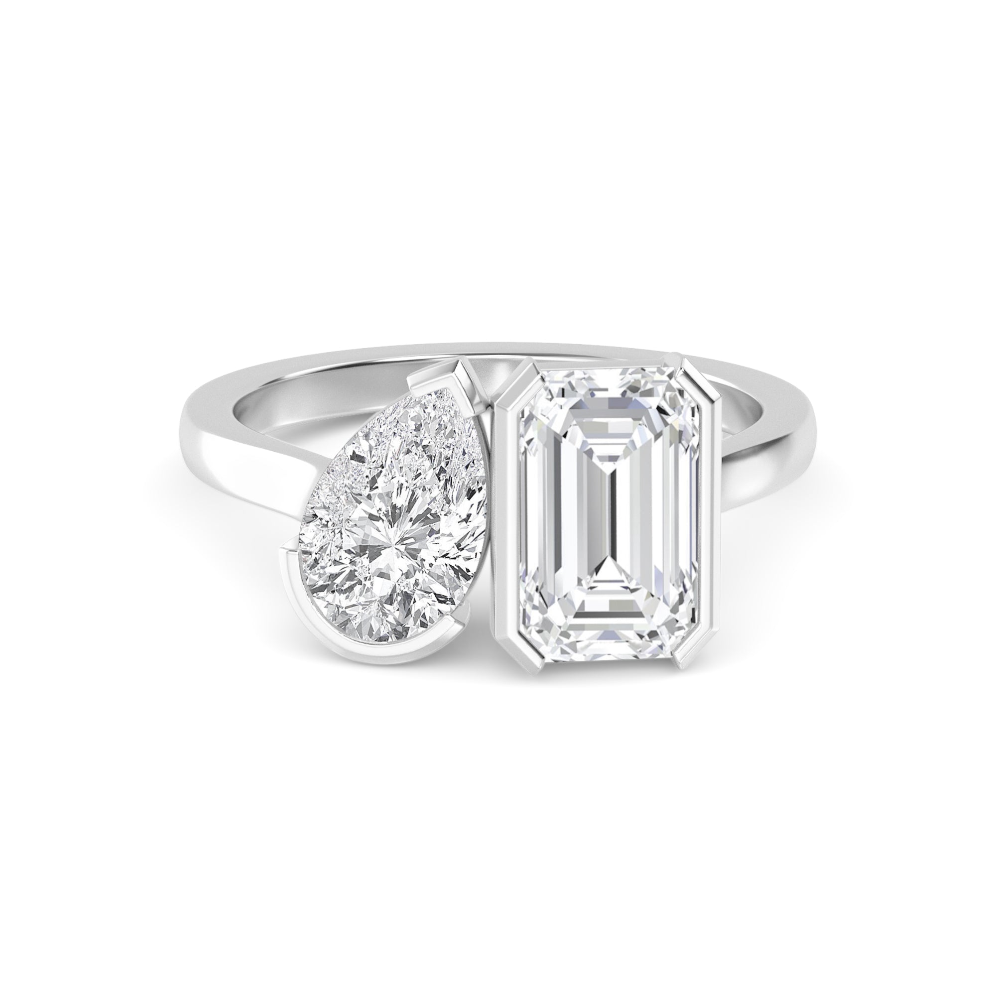 4.00ctw Emerald cut and Pear Lab Grown Diamond Toi et Moi Engagement Ring