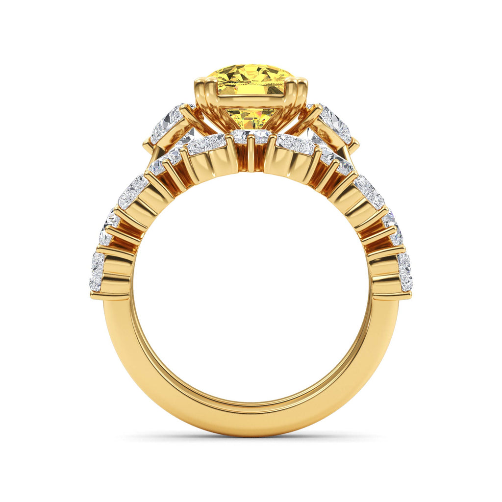 4.70ctw Yellow Cushion and Heart cut Lab Grown Diamond Exceptional Trilogy Engagement and Wedding Ring Set