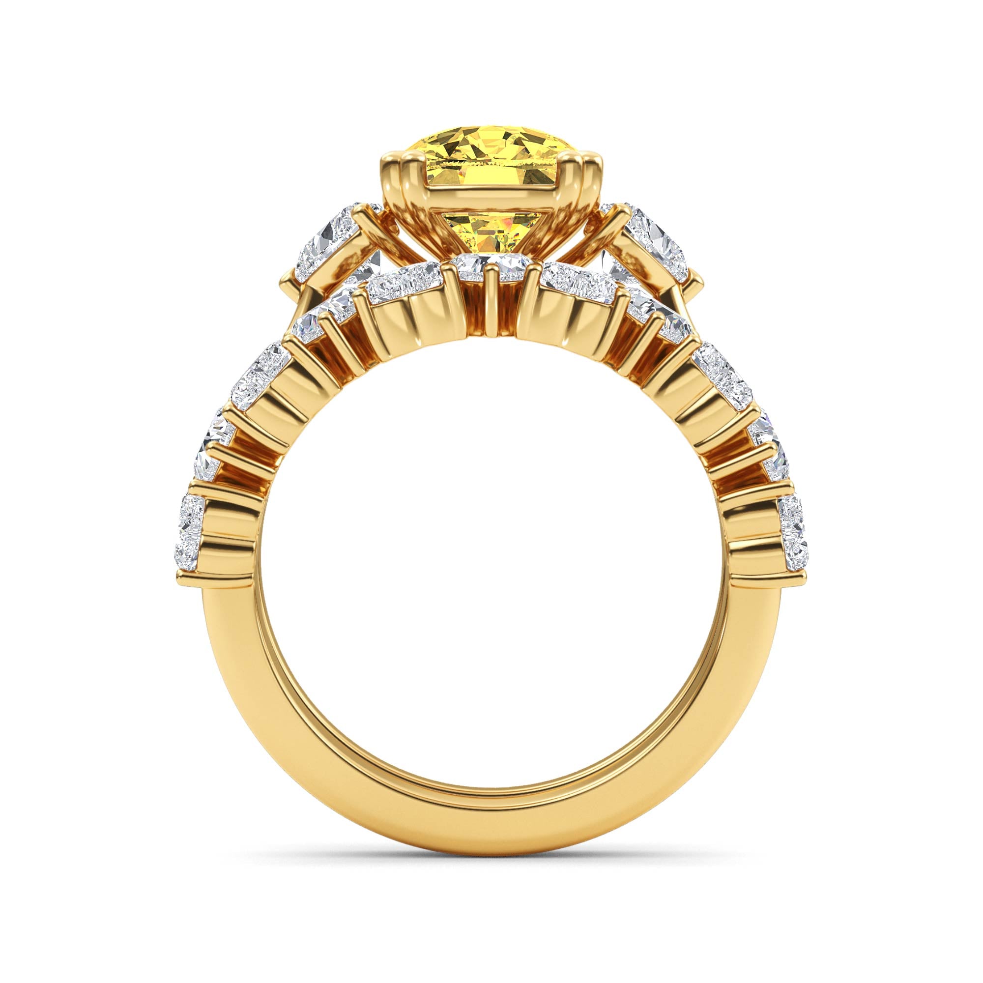 4.70ctw Yellow Cushion and Heart cut Lab Grown Diamond Exceptional Trilogy Engagement and Wedding Ring Set