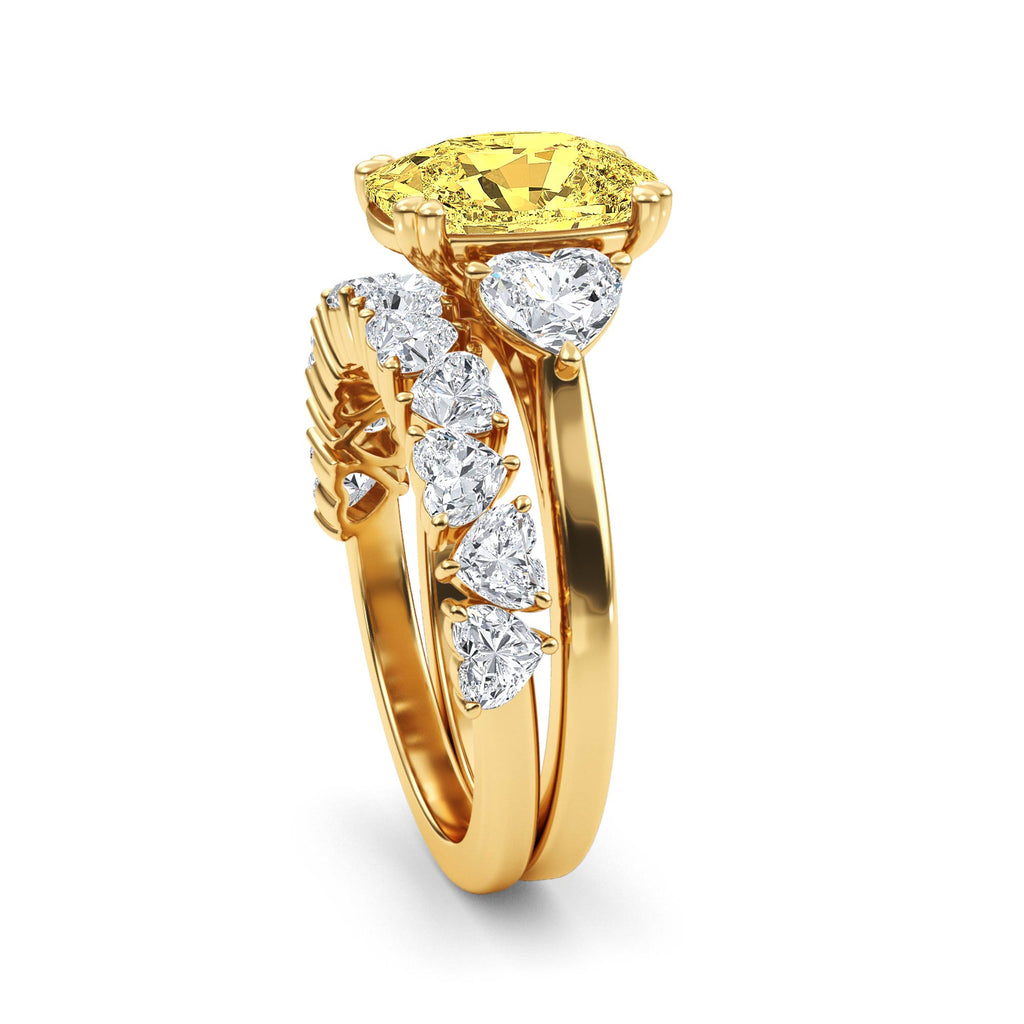 4.70ctw Yellow Cushion and Heart cut Lab Grown Diamond Exceptional Trilogy Engagement and Wedding Ring Set