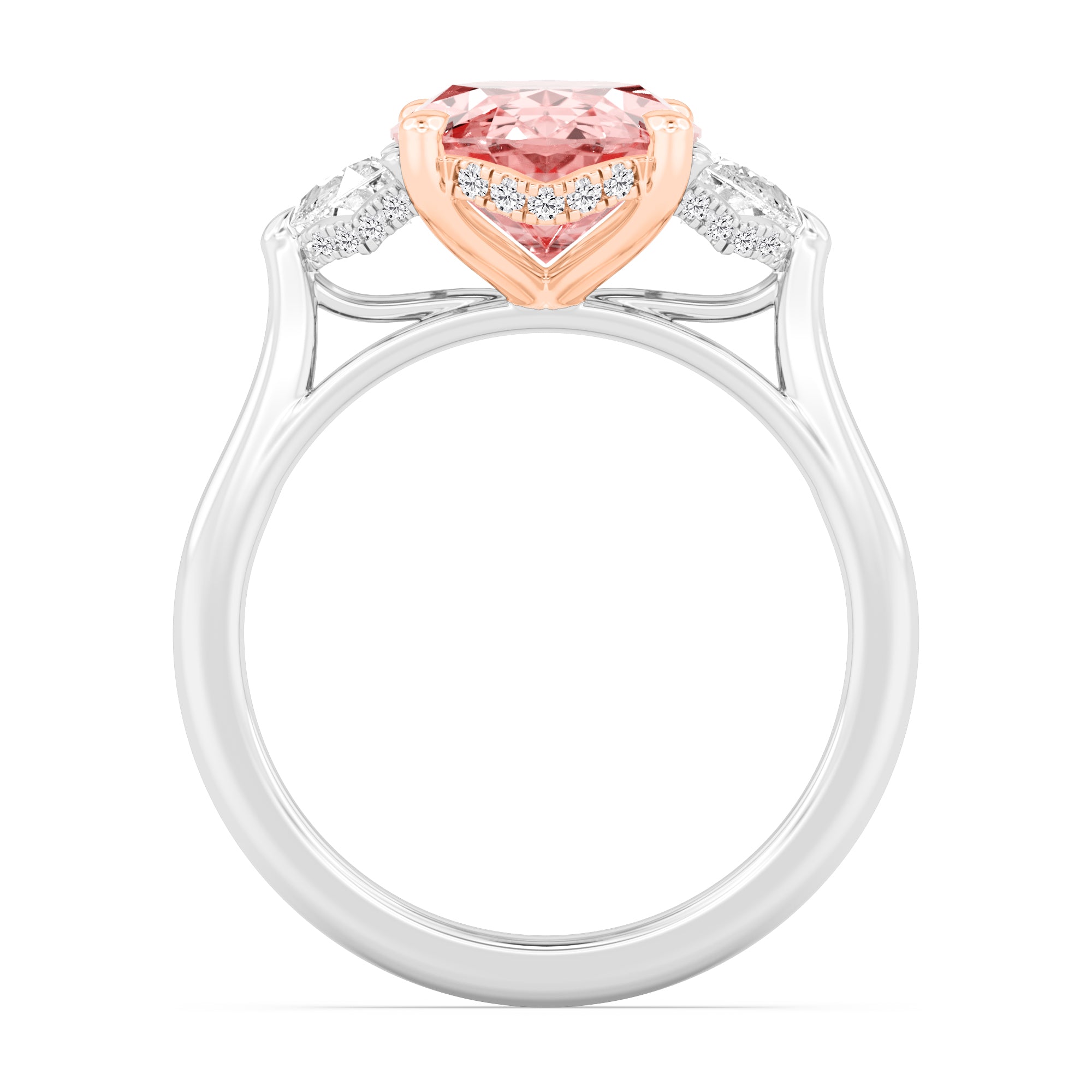 4.77ctw Pink Oval Lab Grown Diamond and Half Moon cut Exceptional Trilogy Engagement Ring