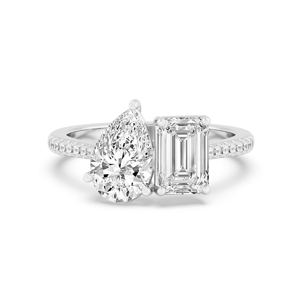 3.20ctw Emerald cut and Pear Lab Grown Diamond Toi et Moi Engagement Ring