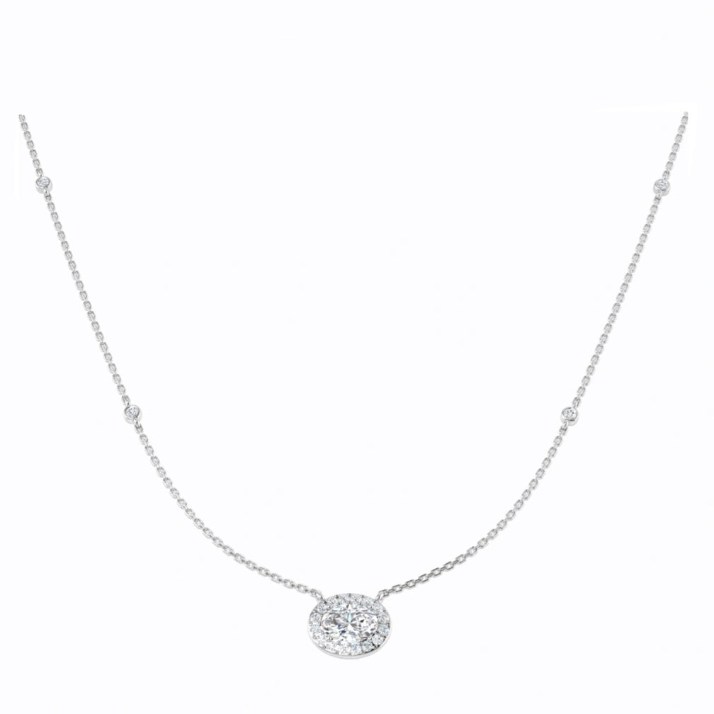 1.50ct Oval Halo Lab Grown Diamond Station Necklace in 9k Gold