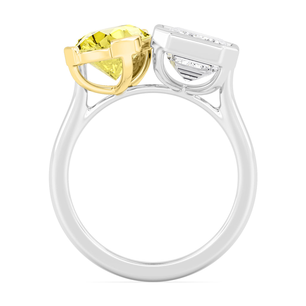 7.00ctw Emerald cut and Yellow Pear Lab Grown Diamond Toi et Moi Bezel Engagement Ring