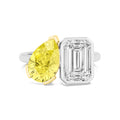 7.00ctw Emerald cut and Yellow Pear Lab Grown Diamond Toi et Moi Bezel Engagement Ring