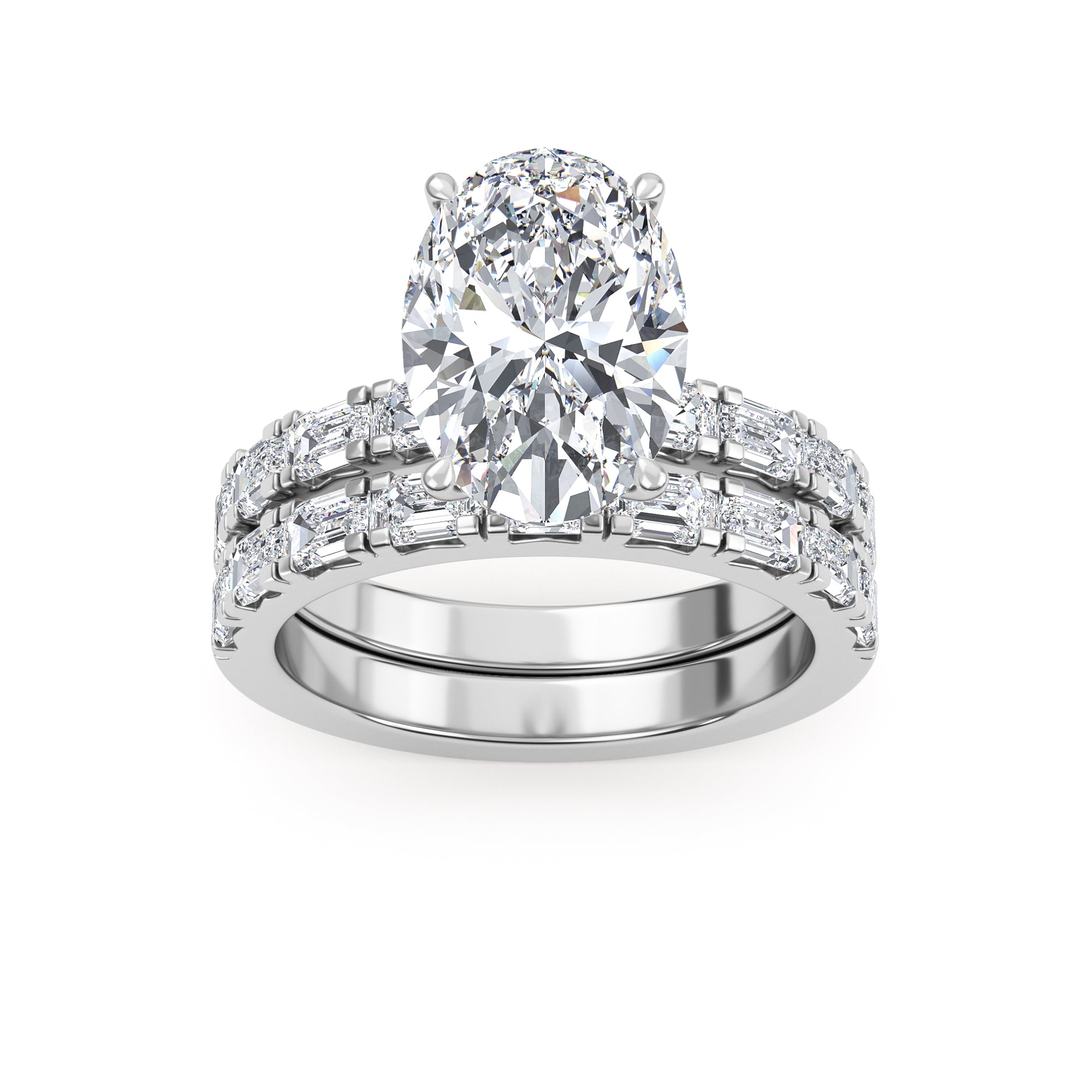 4.97ctw Oval cut Lab Grown Diamond Exceptional Engagement and Emerald cut Wedding Ring Set