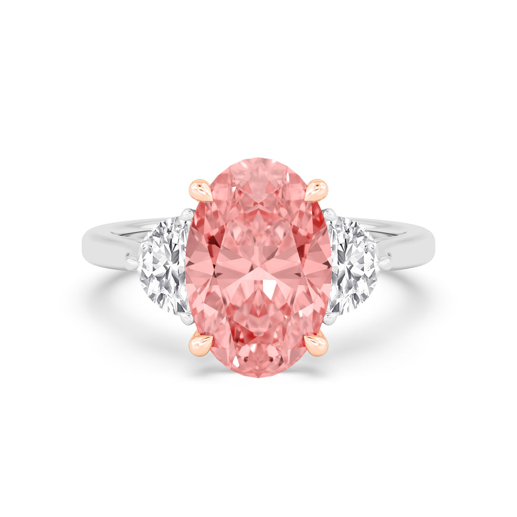 4.77ctw Pink Oval Lab Grown Diamond and Half Moon cut Exceptional Trilogy Engagement Ring