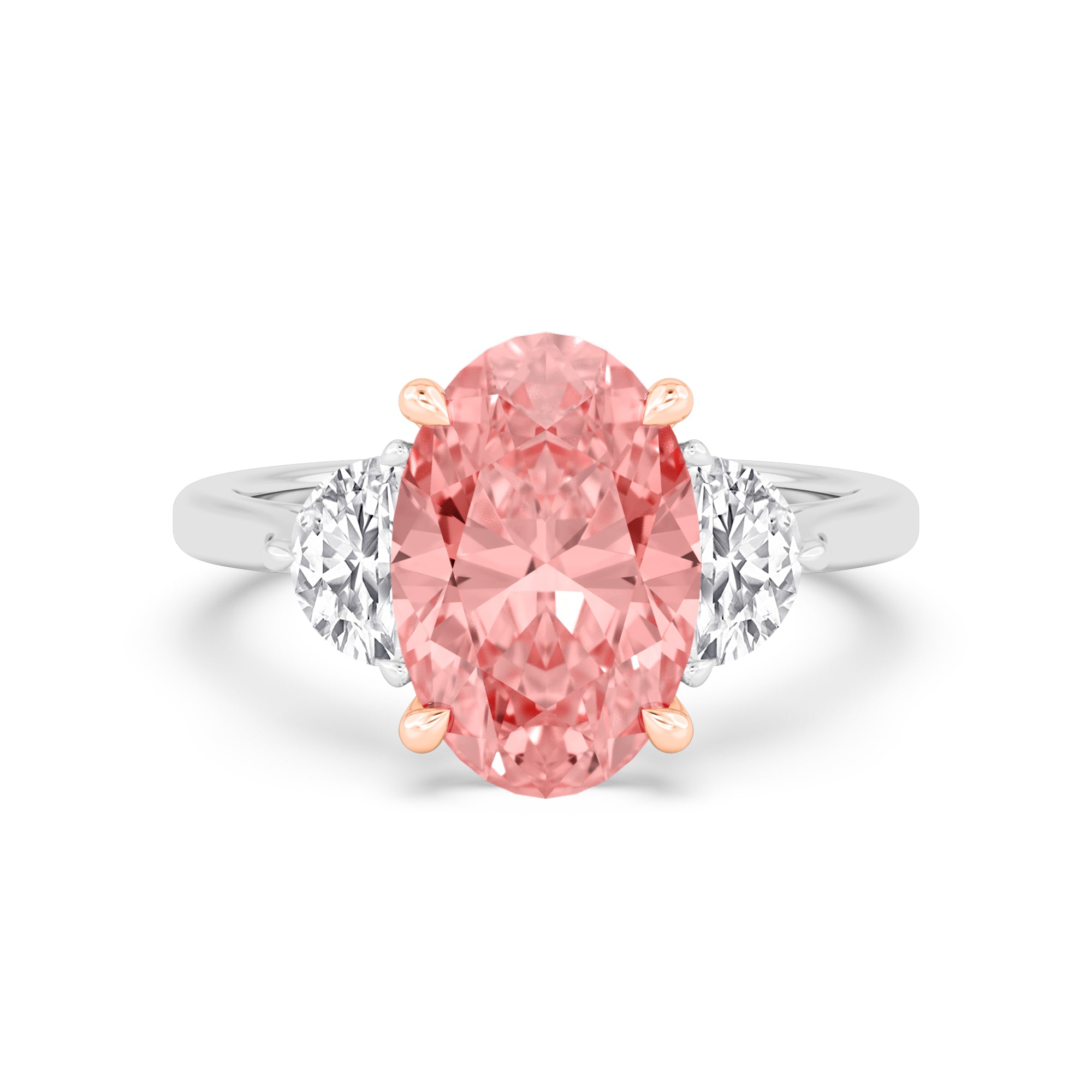 4.77ctw Pink Oval Lab Grown Diamond and Half Moon cut Exceptional Trilogy Engagement Ring
