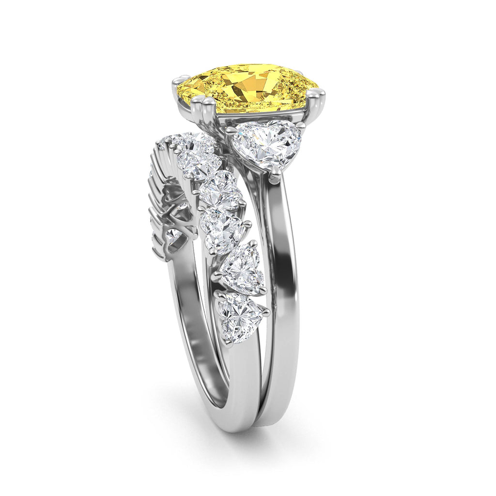 4.70ctw Yellow Cushion and Heart cut Lab Grown Diamond Exceptional Trilogy Engagement and Wedding Ring Set