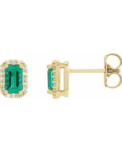 060ct Lab Grown Emerald and 0.10ct Diamond Halo Earrings-Yellow