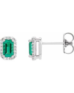 060ct Lab Grown Emerald and 0.10ct Diamond Halo Earrings-White