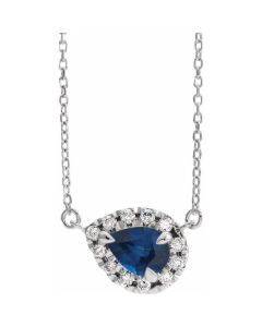 Blue Sapphire and Diamond Pear Halo Necklace in 14k White Gold