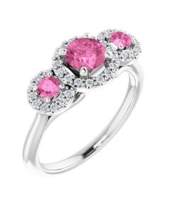 The Ophelia 0.92ct Lab Grown Pink Sapphire and Diamond Trilogy Halo Ring 